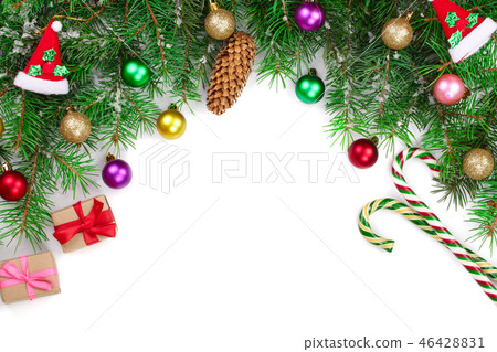 Christmas background decorated isolated on white with copy space for your text. Top view. 46428831