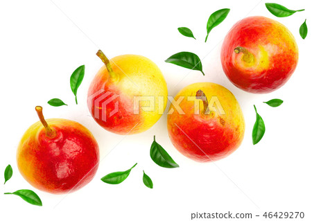 four ripe red yellow pear fruits isolated on white background. Top view. Flat lay pattern 46429270
