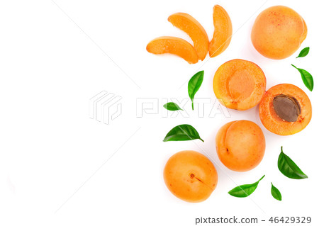 Apricot fruits with leaves isolated on white background with copy space for your text. Top view 46429329