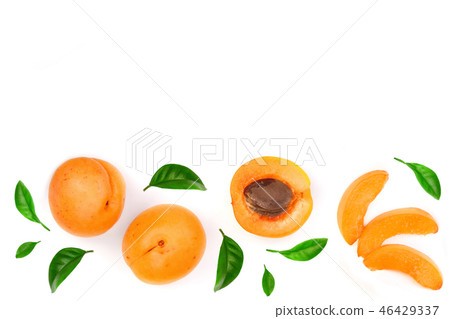 Apricot fruits with leaves isolated on white background with copy space for your text. Top view Apricot fruits with leaves isolated on white background with copy space for your text. Top view 46429337