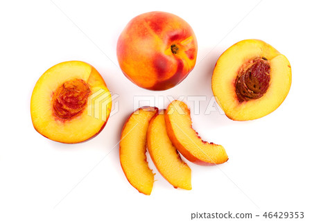 ripe nectarine isolated on white background. Top view. Flat lay pattern ripe nectarine isolated on white background. Top view. Flat lay pattern 46429353