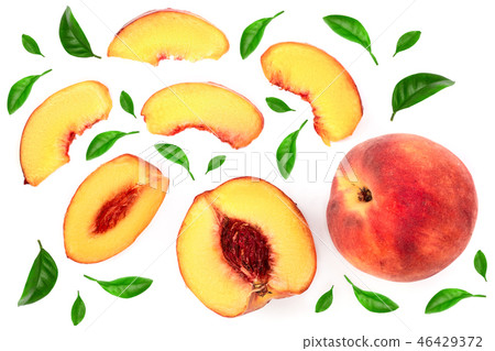ripe peaches with leaves isolated on white background. Top view. Flat lay pattern 46429372