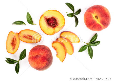 ripe peaches with leaves isolated on white background. Top view. Flat lay pattern 46429397
