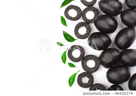 whole and sliced black olives decorated with leaves isolated on white background with copy space for whole and sliced black olives decorated with leaves isolated on white background with copy space for 46430174