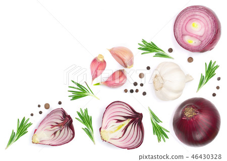 red onions, garlic with rosemary and peppercorns isolated on a white background with copy space for 46430328