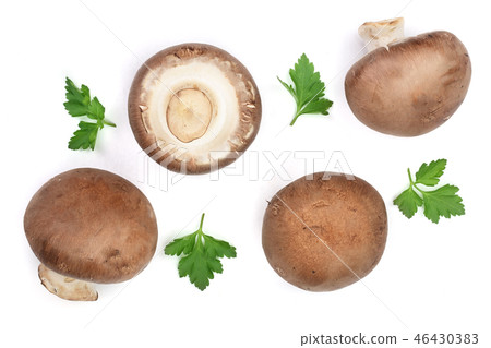 Fresh champignon mushrooms with parsley isolated on white background. Top view. Flat lay Fresh champignon mushrooms with parsley isolated on white background. Top view. Flat lay 46430383