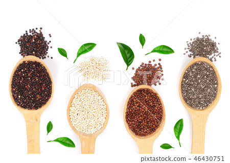Black red white quinoa and chia seeds in wooden spoon isolated on white background with copy space Black red white quinoa and chia seeds in wooden spoon isolated on white background with copy space 46430751