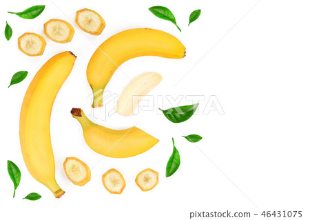 whole and sliced bananas isolated on white background with copy space for your text. Top view. Flat whole and sliced bananas isolated on white background with copy space for your text. Top view. Flat 46431075