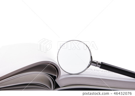 Magnifying glass and blank book. Magnifying glass and blank book. 46432076