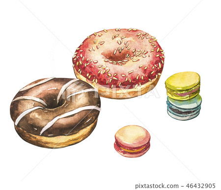 Donut with macarons watercolor illustrations isolated on white background. 46432905