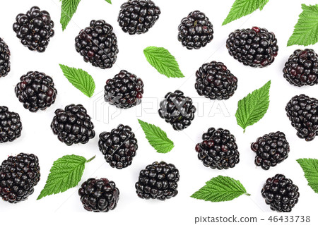 Fresh blackberry with leaves isolated on white background. Top view. Flat lay pattern Fresh blackberry with leaves isolated on white background. Top view. Flat lay pattern 46433738