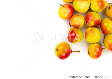 ripe red yellow pear fruits isolated on white background with copy space for your text. Top view 46434020