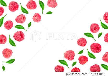 raspberries with leaves isolated on white background with copy space for your text. Top view. Flat raspberries with leaves isolated on white background with copy space for your text. Top view. Flat 46434055