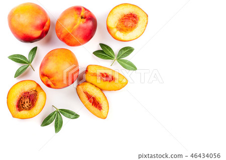 ripe nectarine with leaves isolated on white background with copy space for your text. Top view 46434056