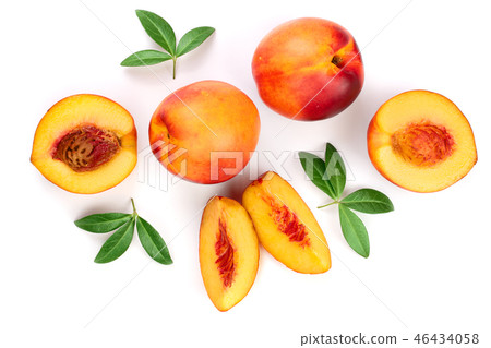 ripe nectarine with leaves isolated on white background. Top view. Flat lay pattern ripe nectarine with leaves isolated on white background. Top view. Flat lay pattern 46434058