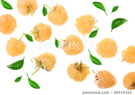 Yellow raspberries with leaf isolated on white background. Top view. Flat lay pattern Yellow raspberries with leaf isolated on white background. Top view. Flat lay pattern 46434165