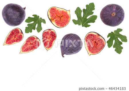 fig fruits with leaves isolated on white background with copy space for your text. Top view. Flat fig fruits with leaves isolated on white background with copy space for your text. Top view. Flat 46434183