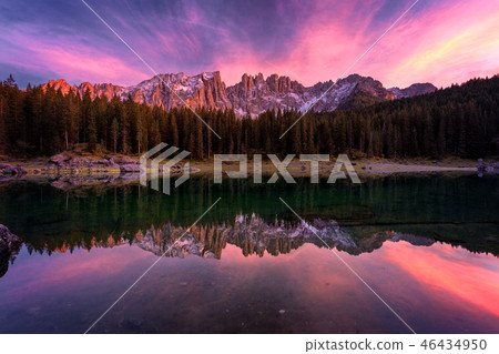 Beautiful sunset at Carezza lake, Dolomites, Italy 46434950