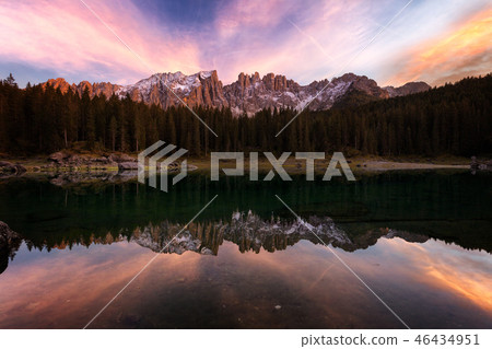 Beautiful sunset at Carezza lake, Dolomites, Italy 46434951