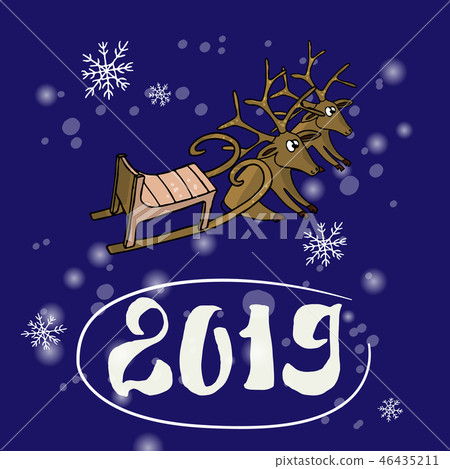 Beautiful Christmas card. New Year greeting. Merry deer and Christmas Santa's sleigh on a blue Beautiful Christmas card. New Year greeting. Merry deer and Christmas Santa's sleigh on a blue 46435211