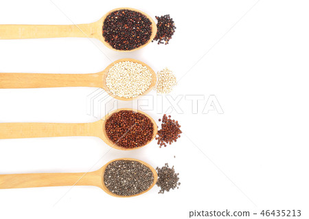 Black red white quinoa and chia seeds in wooden spoon isolated on white background with copy space Black red white quinoa and chia seeds in wooden spoon isolated on white background with copy space 46435213