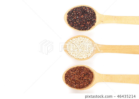 Black red white quinoa and chia seeds in wooden spoon isolated on white background with copy space Black red white quinoa and chia seeds in wooden spoon isolated on white background with copy space 46435214