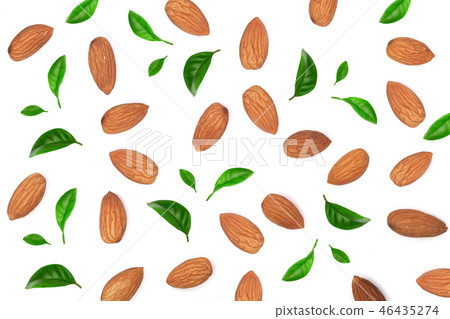 almonds with leaves isolated on white background. Flat lay pattern almonds with leaves isolated on white background. Flat lay pattern 46435274