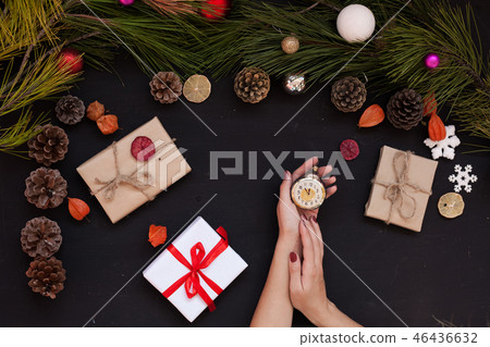 Christmas background Christmas tree new year gifts decor decoration holiday winter hands Christmas background Christmas tree new year gifts decor decoration holiday winter hands 46436632