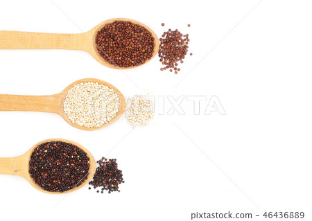 Black red white quinoa and chia seeds in wooden spoon isolated on white background with copy space 46436889
