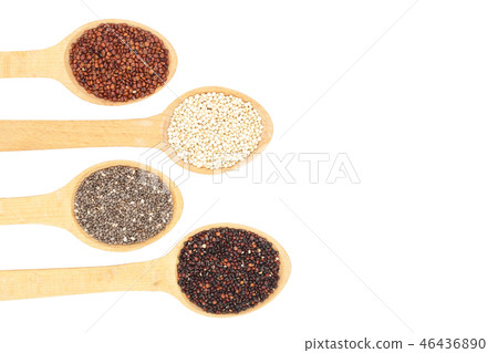 Black red white quinoa and chia seeds in wooden spoon isolated on white background with copy space Black red white quinoa and chia seeds in wooden spoon isolated on white background with copy space 46436890