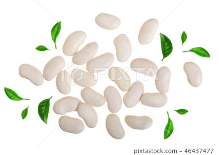 White kidney beans decorated with green leaves isolated on white background close up. Top view White kidney beans decorated with green leaves isolated on white background close up. Top view 46437477