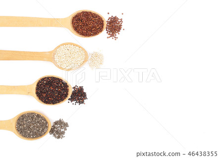 Black red white quinoa and chia seeds in wooden spoon isolated on white background with copy space Black red white quinoa and chia seeds in wooden spoon isolated on white background with copy space 46438355