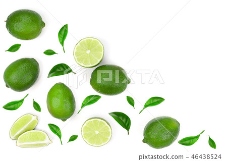 sliced lime vith leaves isolated on white background with copy space for your text. Top view. Flat 46438524