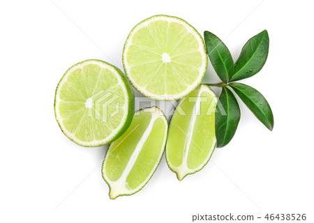 sliced lime with leaves isolated on white background. Top view. Flat lay pattern 46438526