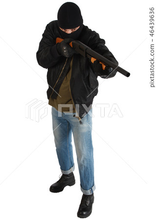 robber in black mask with shotgun 46439636