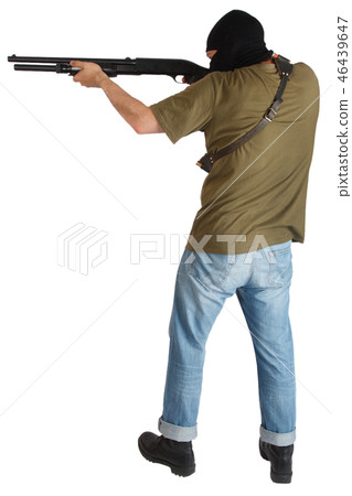 robber in black mask with shotgun 46439647