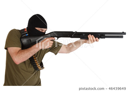 robber in black mask with shotgun 46439649
