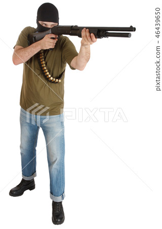 robber in black mask with shotgun 46439650