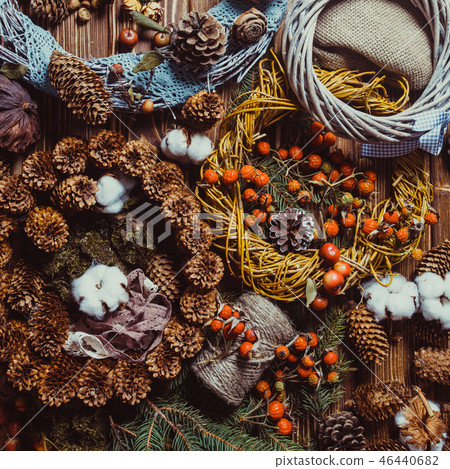 Nature wreath making top view on the table 46440682