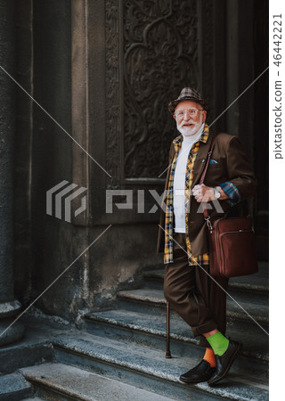 Cheerful stylish old man standing on the steps 46442221