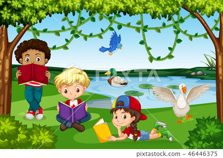 Children reading books in nature Children reading books in nature 46446375