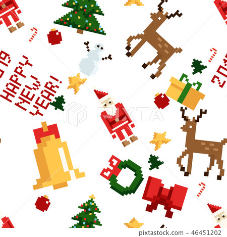 Colorful Pixel Pattern with Christmas Elements. Atcade games style Colorful Pixel Pattern with Christmas Elements. Atcade games style 46451202