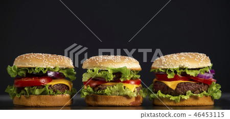 Burger with French fries cutlet with cheese and tomato Burger with French fries cutlet with cheese and tomato 46453115