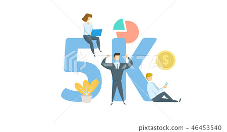 5K likes, followers online social media banner. Concept with keywords, letters, and icons. Flat 46453540