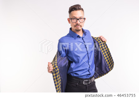 Expression and funny people concept - Portrait of smiling man with jacket on white background with 46453755