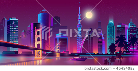 Vector background with night city in neon lights - Stock Illustration ...