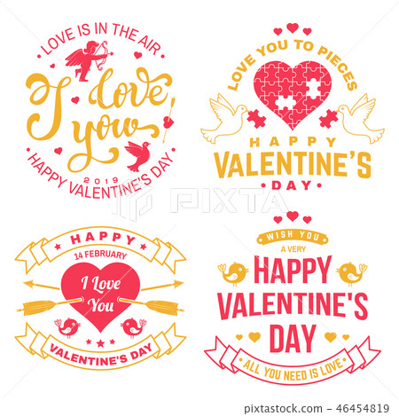 Set of Happy Valentines Day sign. Stamp, card with key, bird, amur, arrow, heart. Vector. Vintage 46454819