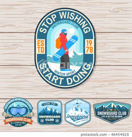 Set of Snowboard Club patches. Vector. Concept for patch, shirt, print, stamp or tee. Vintage Set of Snowboard Club patches. Vector. Concept for patch, shirt, print, stamp or tee. Vintage 46454928