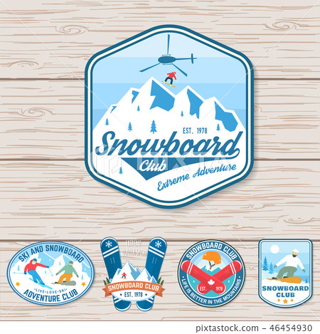 Set of Snowboard Club patches. Vector. Concept for patch, shirt, print, stamp or tee. Vintage Set of Snowboard Club patches. Vector. Concept for patch, shirt, print, stamp or tee. Vintage 46454930
