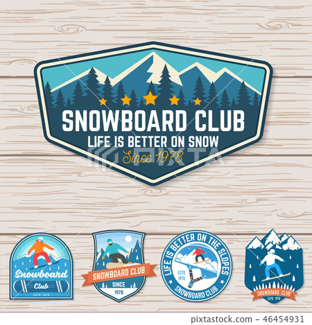 Set of Snowboard Club patches. Vector. Concept for patch, shirt, print, stamp or tee. Vintage Set of Snowboard Club patches. Vector. Concept for patch, shirt, print, stamp or tee. Vintage 46454931